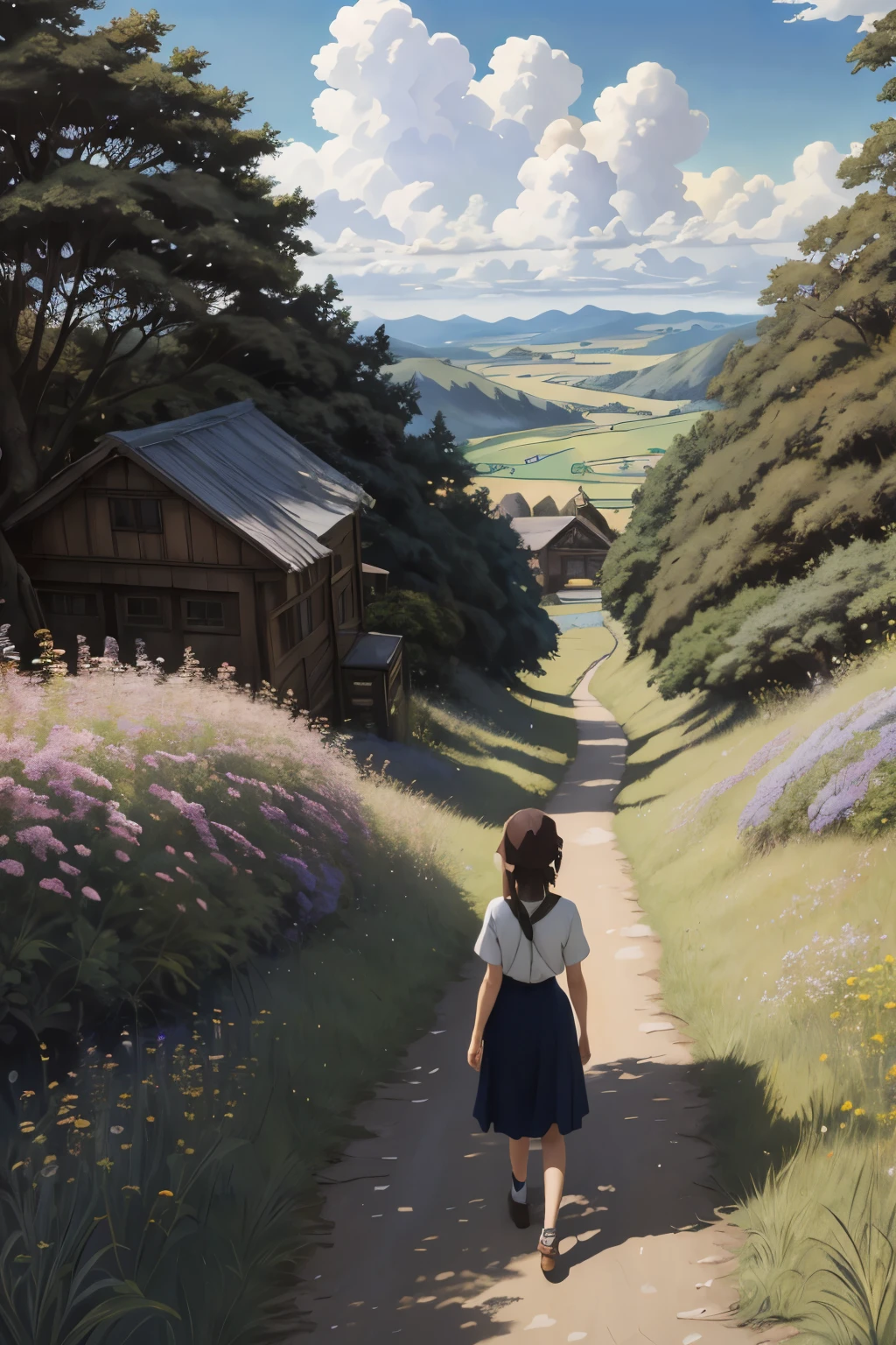 realista, Real, bela e deslumbrante paisagem pintura a óleo Studio Ghibli Hayao Miyazaki Pétalas Pastagem Céu Azul Pastagem Estrada Rural,prédio, garota linda
