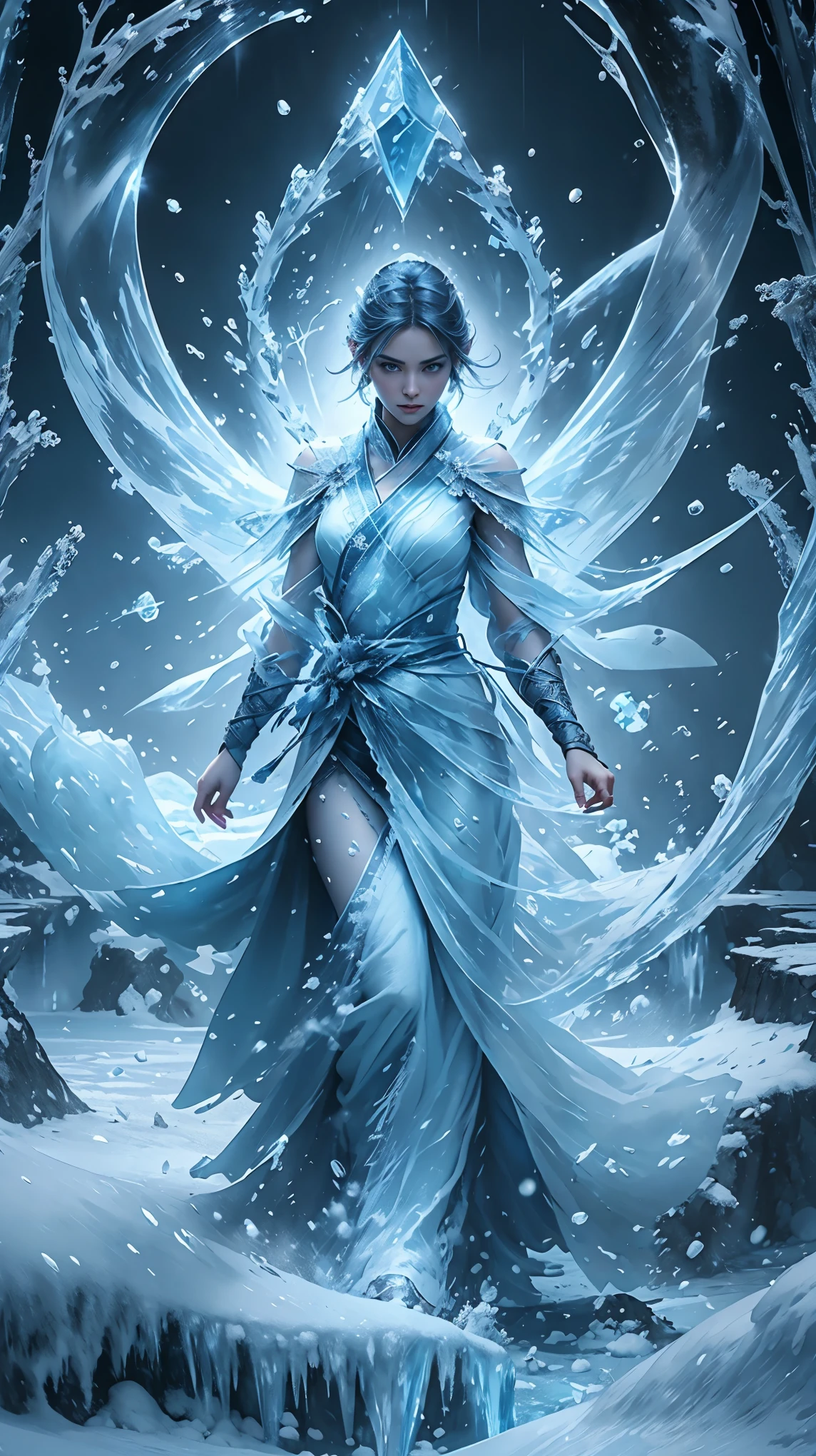 (((1 girl)))，imperial water，magician，（loose dress：1.5），（perfect facial features：1.4），（blue silk robe），（Mysterious magic array：1.2），Blue glow，（Frost Wings），(((Powerful ice magic)))，(((icicle)))，Towering above the wind，Blue light cold light，(((Ice storms)))，wind，((Flying snow ice and snow))，Amazing results，,best quality,masterpiece,ultra high resolution,detailed,intricate details,8k resolution,8KUCG wallpaper,high dynamic range,Aqua blue,magic circle,Cinema-level lighting effects,chiaroscuro，Ray tracing、NVIDIA RTX
