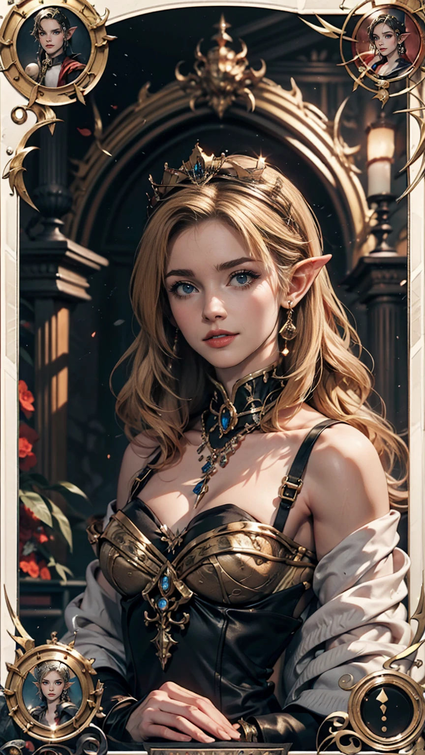 Symmetrical tarot card concept art、Dunham (Very provocative)+ Elven Queen Costume, Lovecraftian Madness Theme, Lee Bersten, Tarot 512, 8k, Attention to detail, Complex