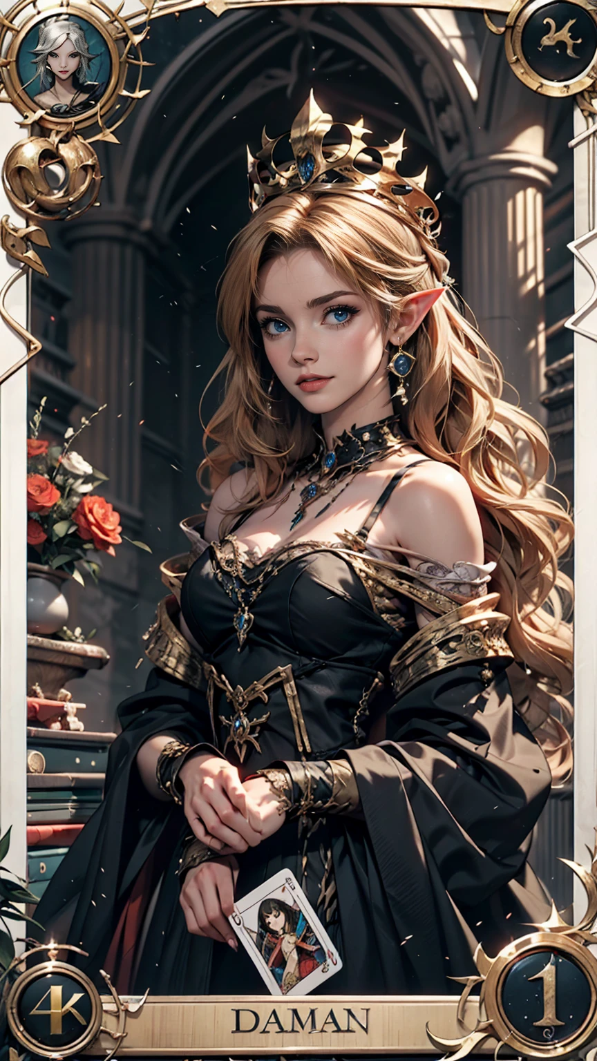 Symmetrical tarot card concept art、Dunham (Very provocative)+ Elven Queen Costume, Lovecraftian Madness Theme, Lee Bersten, Tarot 512, 8k, Attention to detail, Complex