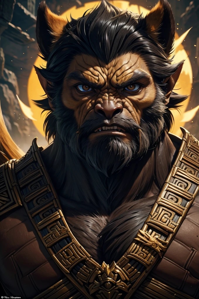 남성 인간, Monster Hunter의 라장(Rajang)이라는 생물과 유사한 작은 특징을 가지고 있습니다., 얼굴에 분노의 흔적, 얼굴의 괴물 같은 특징을 최대한 줄이세요., 작은 뿔과 동물 가죽 의류