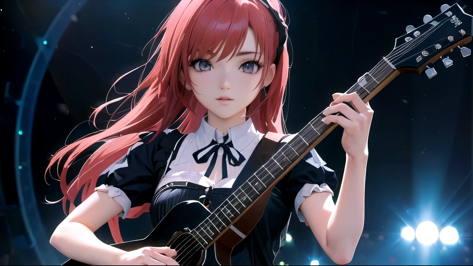 anime girl with red hair holding a guitar in front of a stage, photorealistic rendering of anime girl,  3d anime, non-style artwork by guweiz, Cute anime girl, soft anime cg art, 4K anime-style, young realistic anime, High-quality, detailed artwork in 8K, realistic 3d anime style, render of a cute  3d anime