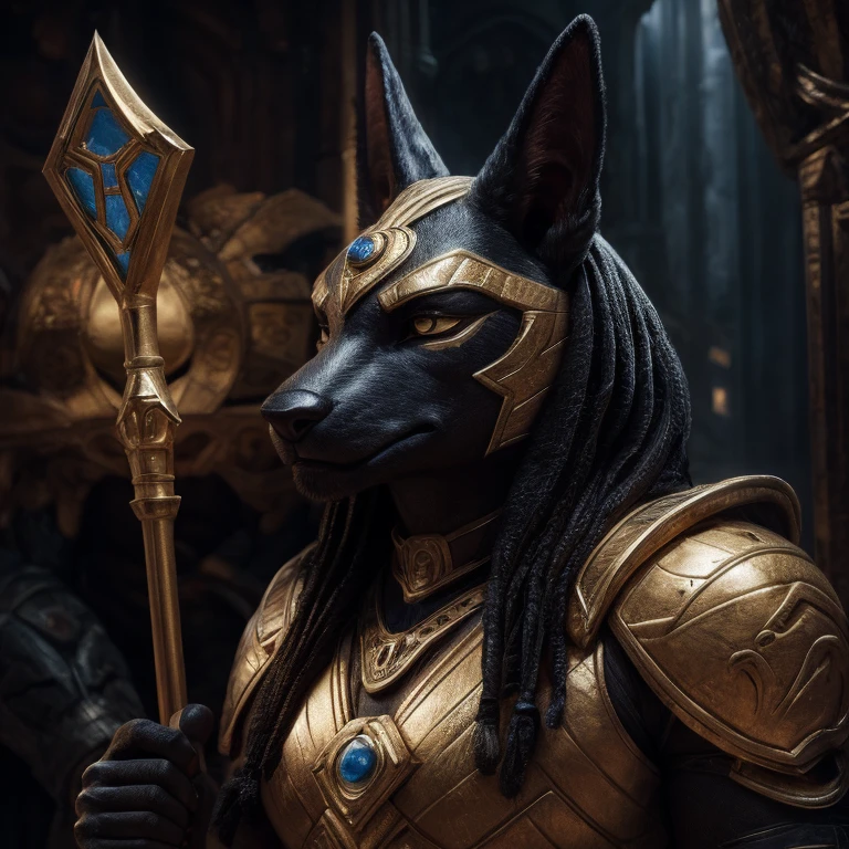 portrait, anubis, cinématique, Contexte complexe, Porter une armure dorée, expression sérieuse et menaçante, tenant un bâton doré dans la main droite,