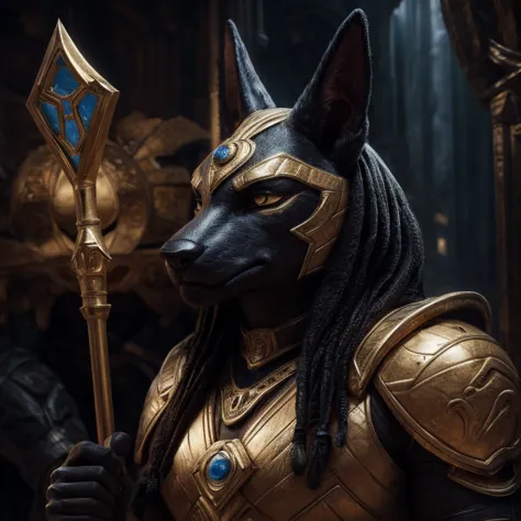 portrait, anubis, cinematic, complex background, wearing golden armor, serious menecing expression, holding a golden staff on th...