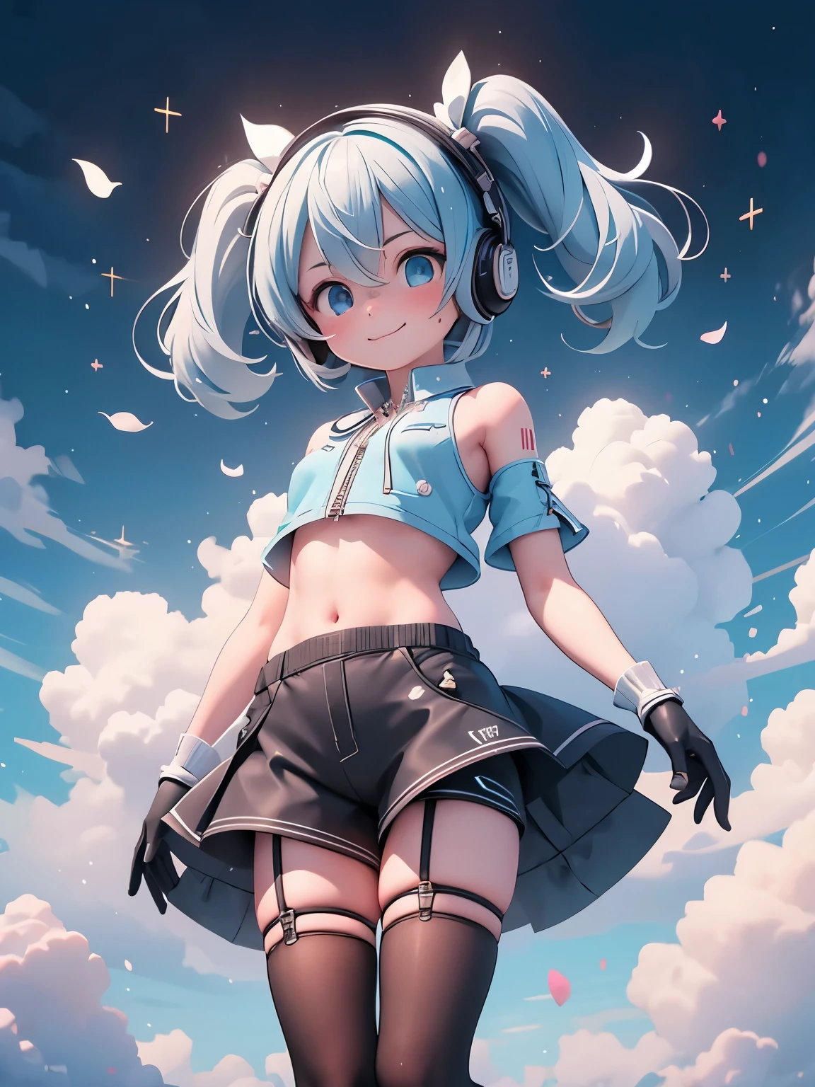 (Obra de arte、mais alta qualidade、mais alta qualidade、arte oficial、lindo e lindo:1.2)、(Uma garota:1.3)Hatsune Miku、caudas gêmeas,Seios grandes,Yanhe, lamentar, Uma garota, black luvas, black shorts, black Meias até o joelho, blue nulo, peito, peito apart, cabo, nuvem, nuvemy nulo, corte superior, corte superior overhang, dia, elbow luvas, De baixo, luvas, olhos azuis, cabelo entre os olhos, hand on fones de ouvido, fones de ouvido, medium peito, leg fita, Veja seus espectadores, abdômen, umbigo, pétala, fita, camisa, very cabelo curto, cabelo curto, shorts, nulo, Sem manga, Sem manga camisa, Sorriso, sozinho, thigh fita, tiras de coxa, Meias até o joelho, botão desabotoado, abaixo do busto, upcamisa, cabelo grisalho, zíper