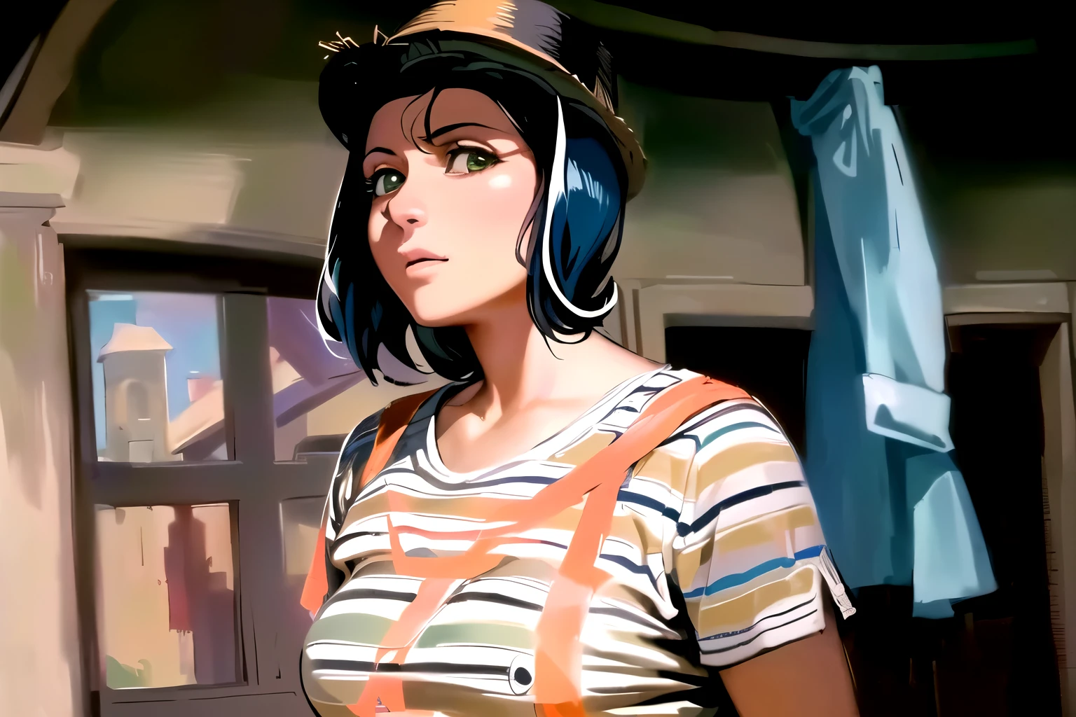 there is a woman wearing a hat and a striped shirt, o Chaves, or Chaves del Ocho, Dom Ramon, digitally painted, cartoon digital painting, tony sart highly detailed, matte digital painting, to throw away, Nicholas Cage como Monkey D Luffy, Leonidas, digitl art, but photo, portrait of pixar weta, digitally painted, inspired by Max Klinger