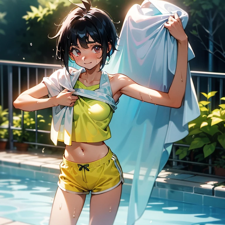 Cool girl、Boyish Girl、Sporty、tits、Wet and transparent、Her halter neck camisole is wet and her underwear is visible、Navel Reveal Style、I have a towel、Wet、oil、slimy、Pixie Cut、black hair color、Shorts、
、high school girl、Gal、Dark brown skin、garden、Pool、tall、Slender beauty、Curved waist、Beautiful clavicle、