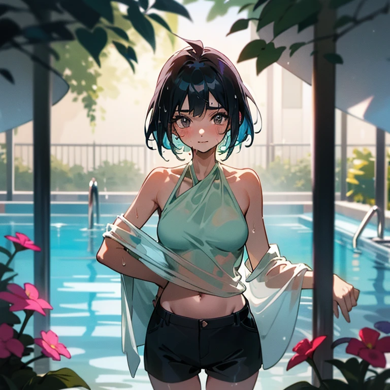 Cool girl、Boyish Girl、Sporty、tits、Wet and transparent、Wet, see-through clothes、Her halter neck camisole is wet and her underwear is visible、Navel Reveal Style、I have a towel、Wet、oil、slimy、Pixie Cut、black hair color、Shorts、
、high school girl、Gal、Dark brown skin、garden、Pool、tall、Slender beauty、Curved waist、Beautiful clavicle、