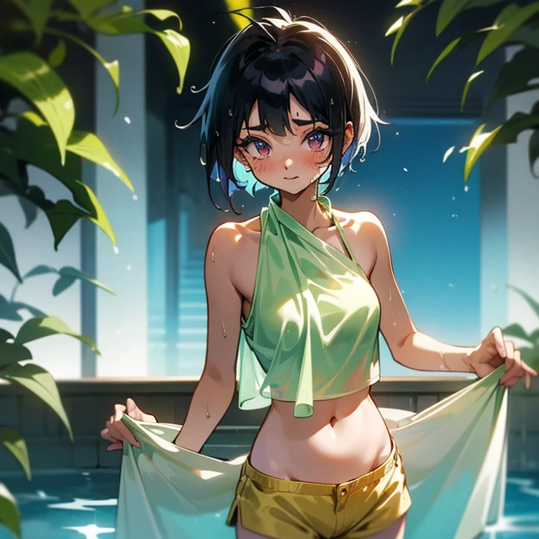 Cool girl、Boyish Girl、Sporty、tits、Wet and transparent、Wet, see-through clothes、Her halter neck camisole is wet and her underwear is visible、Navel Reveal Style、I have a towel、Wet、oil、slimy、Pixie Cut、black hair color、Shorts、
、high school girl、Gal、Dark brown skin、garden、Pool、tall、Slender beauty、Curved waist、Beautiful clavicle、