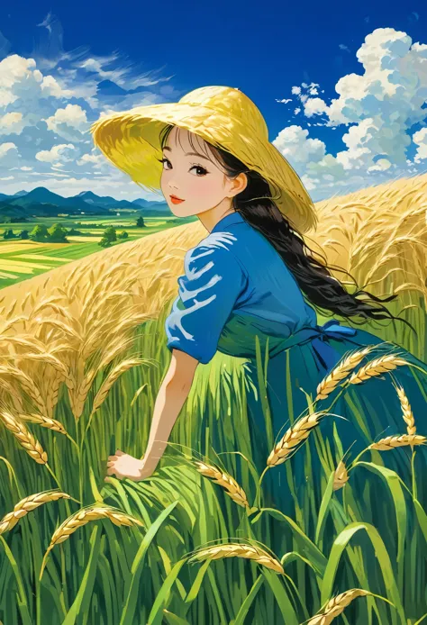 wheat field, 站在wheat field里的戴着草帽的女孩, big cloud, blue sky, paddy, neat rice seedlings in the field, forest, hillside, secluded, c...