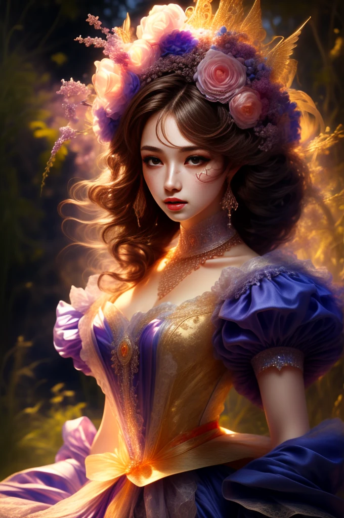 (1girl)，solo，Morgana Default，Big breasts，Eye Makeup，Purple Wings，(Perfect face shape:1.3)，Extremely detailed eyes，Colorful，The most detailed，Vibrant colors，High contrast，(1.4 times more realism)，(Reality)，(超Reality主义:1.2)，(Fractal Art:1.2), mole under eye, pov, atmospheric perspective, 8k, super detail, ccurate, best quality, UHD, masterpiece, anatomically correct, textured skin, super detail, best quality