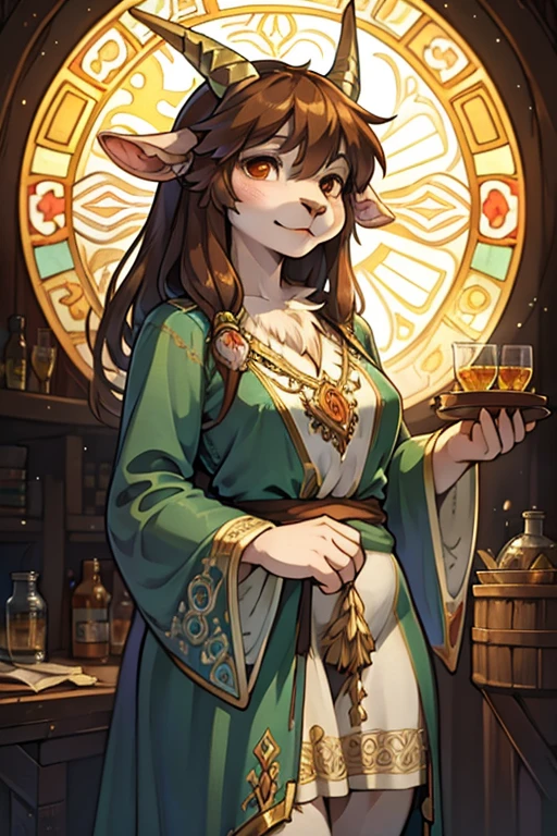 (Mucha style:1.2) , hairy goat Short stature girl , (realistic hairy fur:1.2) , round face , (tilt face:1.2) ,  round eyes , Swollen cheeks , glossy lips , in the fantasy , Alchemist , transparent robe