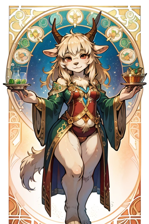 (Mucha style:1.2) , hairy goat Short stature girl , (realistic hairy fur:1.2) , round face , (tilt face:1.2) ,  round eyes , Swollen cheeks , glossy lips , in the fantasy , Alchemist , transparent robe