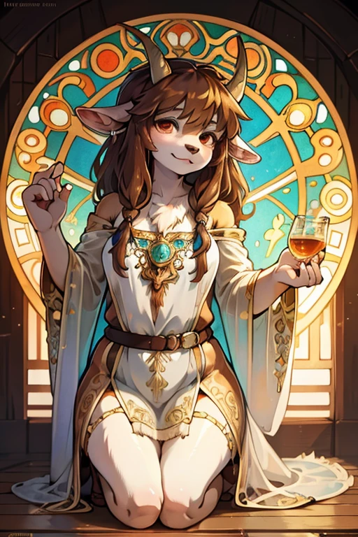 (Mucha style:1.2) , hairy goat Short stature girl , (realistic hairy fur:1.2) , round face , (tilt face:1.2) ,  round eyes , Swollen cheeks , glossy lips , in the fantasy , Alchemist , transparent robe