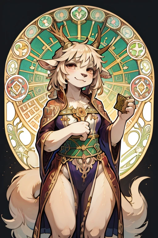 (Mucha style:1.3) , hairy goat Short stature girl , (realistic hairy fur:1.2) , round face , (tilt face:1.2) ,  round eyes , Swollen cheeks , glossy lips , in the fantasy , Alchemist , transparent robe