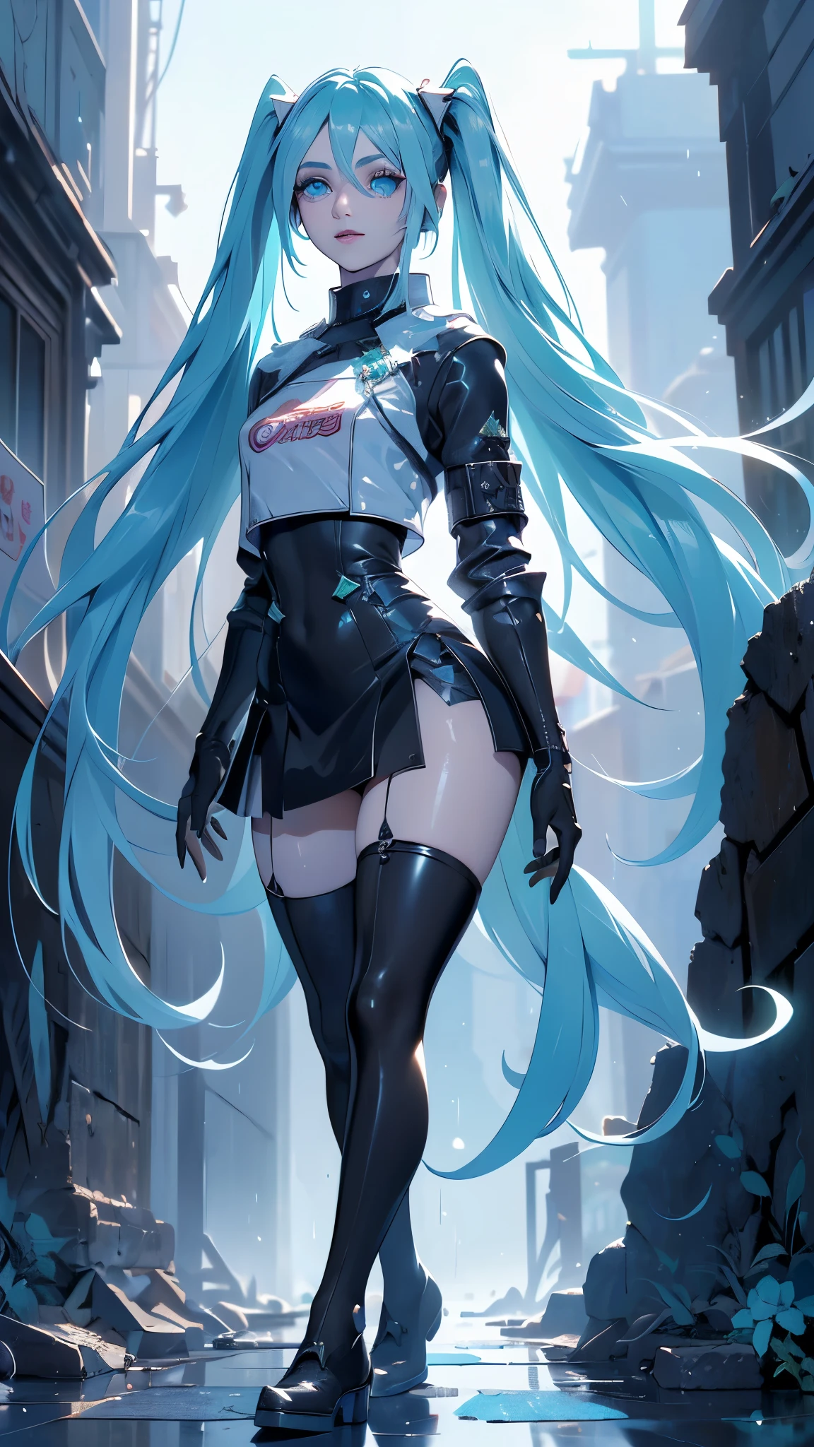 (The best quality,A high resolution,Ultra - detailed,actual), Miku Hatsune, ,(Ruined alley Tokyo cyberpunk dungeon ruins background :1.4 ), big breasts, dynamic pose , (dark green hair twin tails) ,(miniskirt white corta:1.4), very long hair) , Put your arms behind your back, blue eyes, bright Eyes, relaxed face, eyebrow hair, shiny hair,,(Ruined dungeon ruins background:1.4 ), shiny skin, a slight smile, Racing Miku, black body, short jacket, White jacket, long sleeve, two tone gloves, thigh high boots,,(Ruined dungeon ruins background nublado lluvia :1.4 ),(masterpiece: 1.4), (8k, realist, raw photo, The best quality: 1.4),(Miku Hatsune:1.4), (Miku-hatsune V2.1), (Face details: 1.5, (beautiful blue eyes :1.4) , beautiful face, pretty eyes, Iris lining, thin lips: 1.5, delgado, pale and sharp eyebrows, long, dark eyelashes, double eyelashes),perfect hands: 1.5, (Kinematic V2.1),( dynamic pose), (Perfect anatomy) 