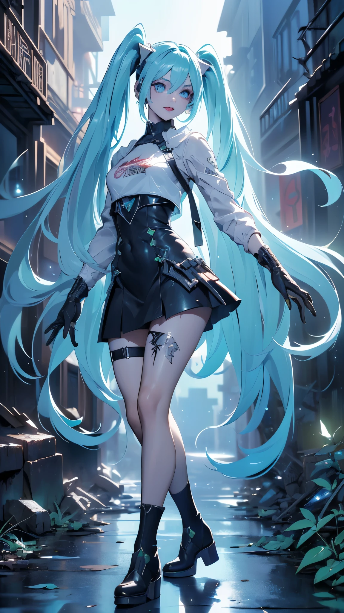 (The best quality,A high resolution,Ultra - detailed,actual), Miku Hatsune, ,(Ruined alley Tokyo cyberpunk dungeon ruins background :1.4 ), big breasts, dynamic pose , (dark green hair twin tails) ,(miniskirt white corta:1.4), very long hair) , Put your arms behind your back, blue eyes, bright Eyes, relaxed face, eyebrow hair, shiny hair,,(Ruined dungeon ruins background:1.4 ), shiny skin, a slight smile, Racing Miku, black body, short jacket, White jacket, long sleeve, two tone gloves, thigh high boots,,(Ruined dungeon ruins background nublado lluvia :1.4 ),(masterpiece: 1.4), (8k, realist, raw photo, The best quality: 1.4),(Miku Hatsune:1.4), (Miku-hatsune V2.1), (Face details: 1.5, (beautiful blue eyes :1.4) , beautiful face, pretty eyes, Iris lining, thin lips: 1.5, delgado, pale and sharp eyebrows, long, dark eyelashes, double eyelashes),perfect hands: 1.5, (Kinematic V2.1),( dynamic pose), (Perfect anatomy) 