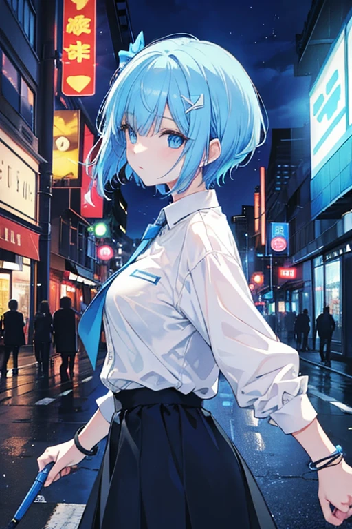 (Best quality, Masterpiece:1.3), vivid Copic marker anime illustration, maintains a 3:1 head-to-body ratio, 1 girl, short hair, ice blue hair, bangs, blue eyes, future uniform, white and blue with black accents, glowing bracelet, glowing hairpin, no belongings, single object, looking back, daylight, walking in downtown district, dynamic street view.