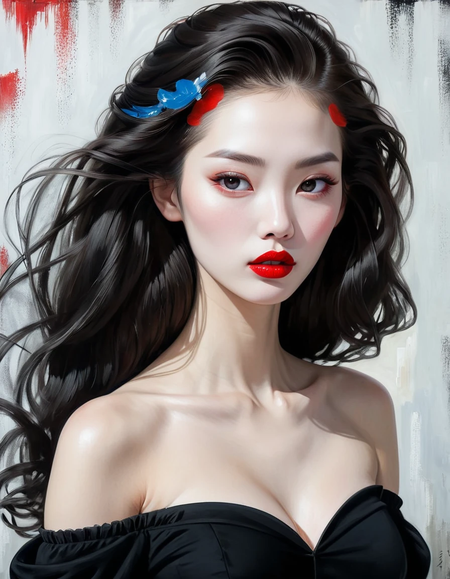 (parted_perm long hair,Bangs on the forehead:1.1 ),( Staring straight ahead:1.5 ), Woman wearing off shoulder black blouse with red lips, White skin, Guweizu, Guweizu masterpiece, artwork in the style of Guweizu, soft portrait 8k, pale ,  by Russell Lu Dongjun, pale 피부, Elegant woman with clear skin,