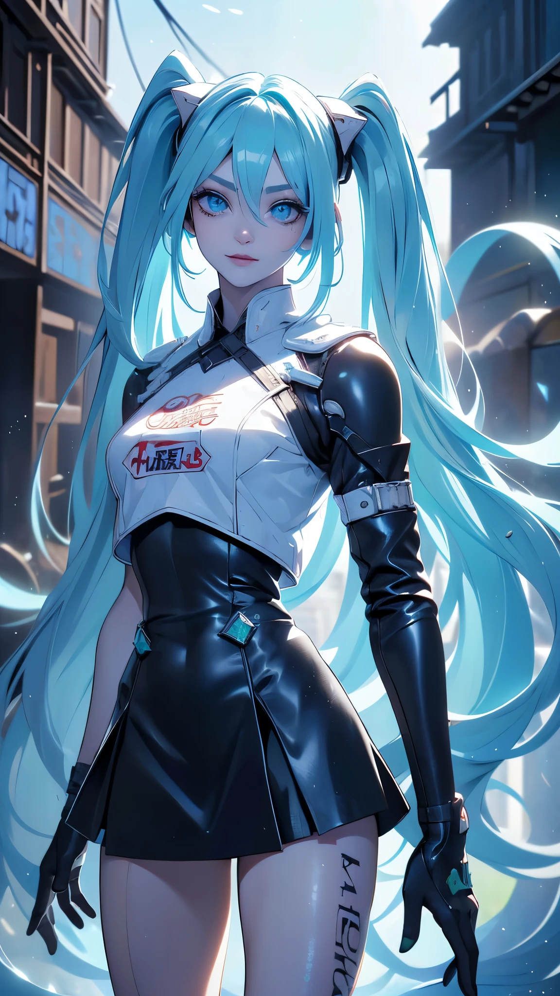 (La mejor calidad,A high resolution,Ultra - detallado,actual), Miku Hatsune, ,(Ruined alley Tokyo cyberpunk dungeon ruins background :1.4 ), pechos grandes, dynamic pose , (pelo verde oscuro colas gemelas) ,(miniskirt white corta:1.4), cabello muy largo) , Put your arms behind your back, blue eyes, ojos brillantes, cara relajada, pelo de las cejas, cabello brillante,,(Fondo de ruinas de mazmorra en ruinas:1.4 ), piel brillante, una ligera sonrisa, Racing Miku, cuerpo negro, chaqueta corta, chaqueta blanca, manga larga, guantes de dos tonos, botas altas de muslo,,(Fondo de ruinas de mazmorra en ruinas nublado lluvia :1.4 ),(Obra maestra: 1.4), (8k, realista, foto cruda, La mejor calidad: 1.4),(Miku Hatsune:1.4), (Miku-hatsune V2.1), (Detalles de la cara: 1.5, (ojos azules hermosos :1.4) , hermoso rostro, ojos bonitos, Iris lining, labios delgados: 1.5, delgado, pale and sharp eyebrows, Largo, dark eyelashes, double eyelashes),manos perfectas: 1.5, (Kinematic V2.1),( dynamic pose), (perfect anatomy), (face detailed :1.4) 