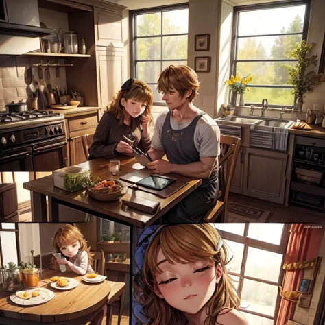 title: paths of sacrifice, power of love

panel 1:
- setting: a cozy kitchen, with family photos adorning the walls. a mother an...