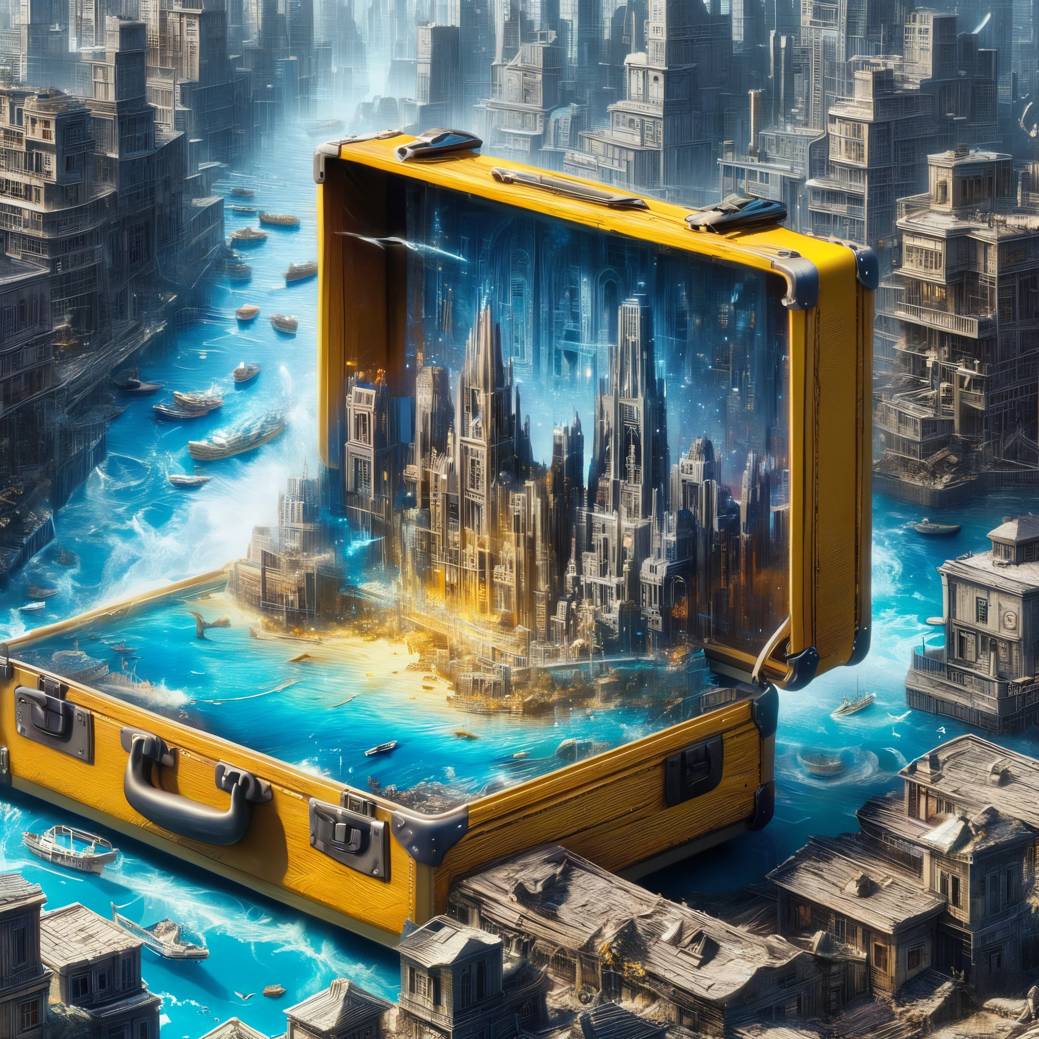 fantasy image, city inside the suitcase, (((Framing an American picture)), a yellow suitcase opens and we see inside it a whole city with houses, Machines, people and blue river, stylish, beautiful, K.R. Giger & Beksinski, High detail, Vivid cinematic drawings of characters, Ultra-high quality model, Macro photography by Miki Asai, Close-up.up, Excessive detail, Artstation trends, Sharp focus, Studio photography, Complex details, High detail, Greg Rutkowski, Mika Asai, Macro photography, Close-up, Excessive detail, Artstation trends, Sharp focus, Studio photography, Complex details, High detail, Greg Rutkowski,