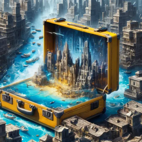 fantasy image, city inside the suitcase, (((Framing an American picture)), a yellow suitcase opens and we see inside it a whole ...