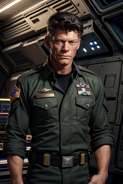 Retrato, cinematic, obra de arte, alta qualidade, (Soldado americano), (o jovem Stephen Lang de frente), ((Cabelo preto)), Uniforme da Força Aérea, em pé no convés de comando da nave espacial