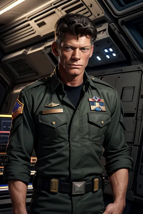 portrait, cinematic, masterpiece, high quality, (american soldier), (young Stephen Lang face), ((black hair)), air force uniform...