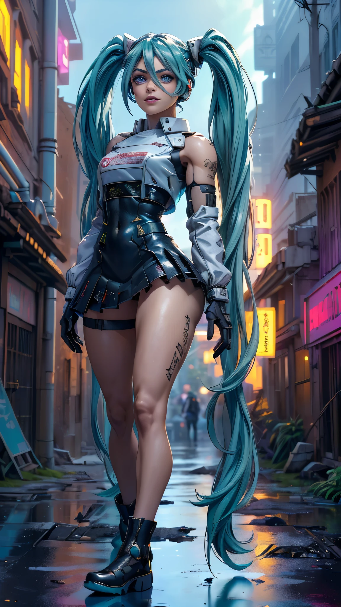 (La mejor calidad,A high resolution,Ultra - detallado,actual), Miku Hatsune, ,(Ruined alley Tokyo cyberpunk dungeon ruins background :1.4 ), pechos grandes, dynamic pose , (pelo verde oscuro colas gemelas) ,(miniskirt white corta:1.4), cabello muy largo) , Put your arms behind your back, blue eyes, ojos brillantes, cara relajada, pelo de las cejas, cabello brillante,,(Fondo de ruinas de mazmorra en ruinas:1.4 ), piel brillante, una ligera sonrisa, Racing Miku, cuerpo negro, chaqueta corta, chaqueta blanca, manga larga, guantes de dos tonos, botas altas de muslo,,(Fondo de ruinas de mazmorra en ruinas nublado lluvia :1.4 ),(Obra maestra: 1.4), (8k, realista, foto cruda, La mejor calidad: 1.4),(Miku Hatsune:1.4), (Miku-hatsune V2.1), (Detalles de la cara: 1.5, (ojos azules hermosos :1.4) , hermoso rostro, ojos bonitos, Iris lining, labios delgados: 1.5, delgado, pale and sharp eyebrows, Largo, dark eyelashes, double eyelashes),manos perfectas: 1.5, (Kinematic V2.1),( dynamic pose), (perfect anatomy), (face detailed :1.4) 