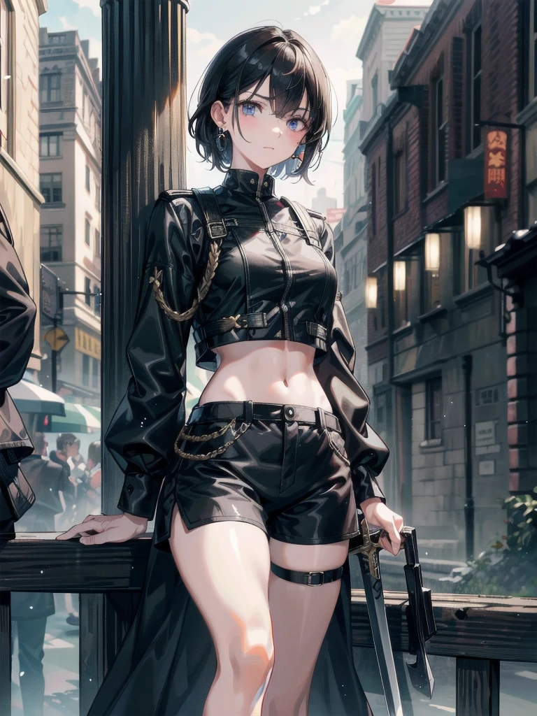 whole body, long sword, Black military uniform, Ladies' military vests, absurdres, RAW photo, extremely delicate and beautiful, masterpiece, Best Quality, ultra high resolution, 32k, hyperrealistic, ultra-detailed, tearful mole, earring, short medium hair, wavy hair, urban backdrop, shorts, midriff, 