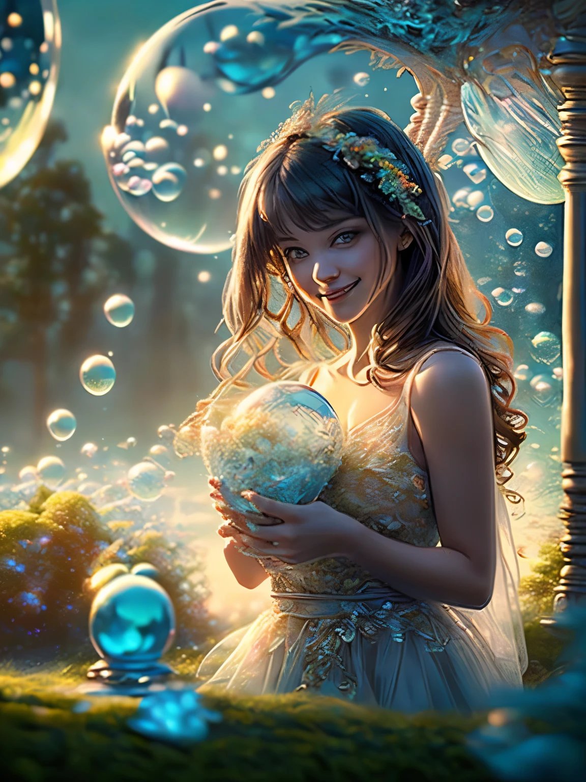 (cropped profile photo), ((1 beautiful young woman inside a soap bubble: 1.5)), sitting on a pink pillow, ((flying through a beautiful and magical fairy tale city: 1.4)), (hyper detailed : 1.3), ((clothes delicate dress with flower decorations: 1.4)), ((sunset background below a beautiful fairy tale landscape: 1.3)), ((Imaginative scene)), ((Perfect faces and bodies, meticulously detailed: 1.3)), ((far shot: 1.4)),((best quality)), ((masterpiece)), 3D, (((sunset:1.2))), (photorealistic:1.4), ((front camera)), (smiling happily, with her hands resting inside the soap bubble, surprised by the beautiful fairy city:1.4), ((Movie lighting: 1.2)), 32k.