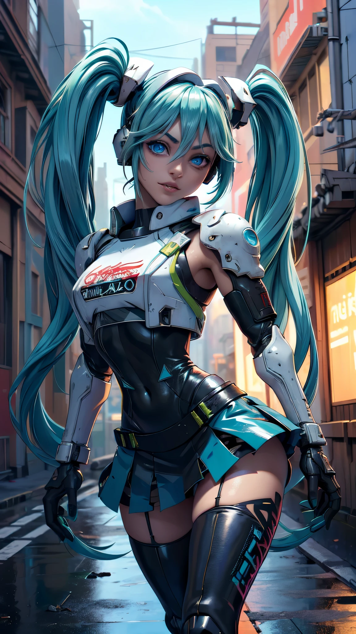 (La mejor calidad,A high resolution,Ultra - detallado,actual), Miku Hatsune, ,(Ruined alley Tokyo cyberpunk dungeon ruins background :1.4 ), pechos grandes, dynamic pose , (pelo verde colas gemelas) ,(miniskirt white corta:1.4), cabello muy largo) , Put your arms behind your back, blue eyes, ojos brillantes, cara relajada, pelo de las cejas, cabello brillante,,(Fondo de ruinas de mazmorra en ruinas:1.4 ), piel brillante, una ligera sonrisa, Racing Miku, cuerpo negro, chaqueta corta, chaqueta blanca, manga larga, guantes de dos tonos, botas altas de muslo,,(Fondo de ruinas de mazmorra en ruinas nublado lluvia :1.4 ),(Obra maestra: 1.4), (8k, realista, foto cruda, La mejor calidad: 1.4),(Miku Hatsune:1.4), (Miku-hatsune V2.1), (Detalles de la cara: 1.5, (ojos azules hermosos :1.4) , hermoso rostro, ojos bonitos, Iris lining, labios delgados: 1.5, delgado, pale and sharp eyebrows, Largo, dark eyelashes, double eyelashes),manos perfectas: 1.5, (Kinematic V2.1),( dynamic pose), (perfect anatomy), (face detailed :1.4), (no mutaciones) 