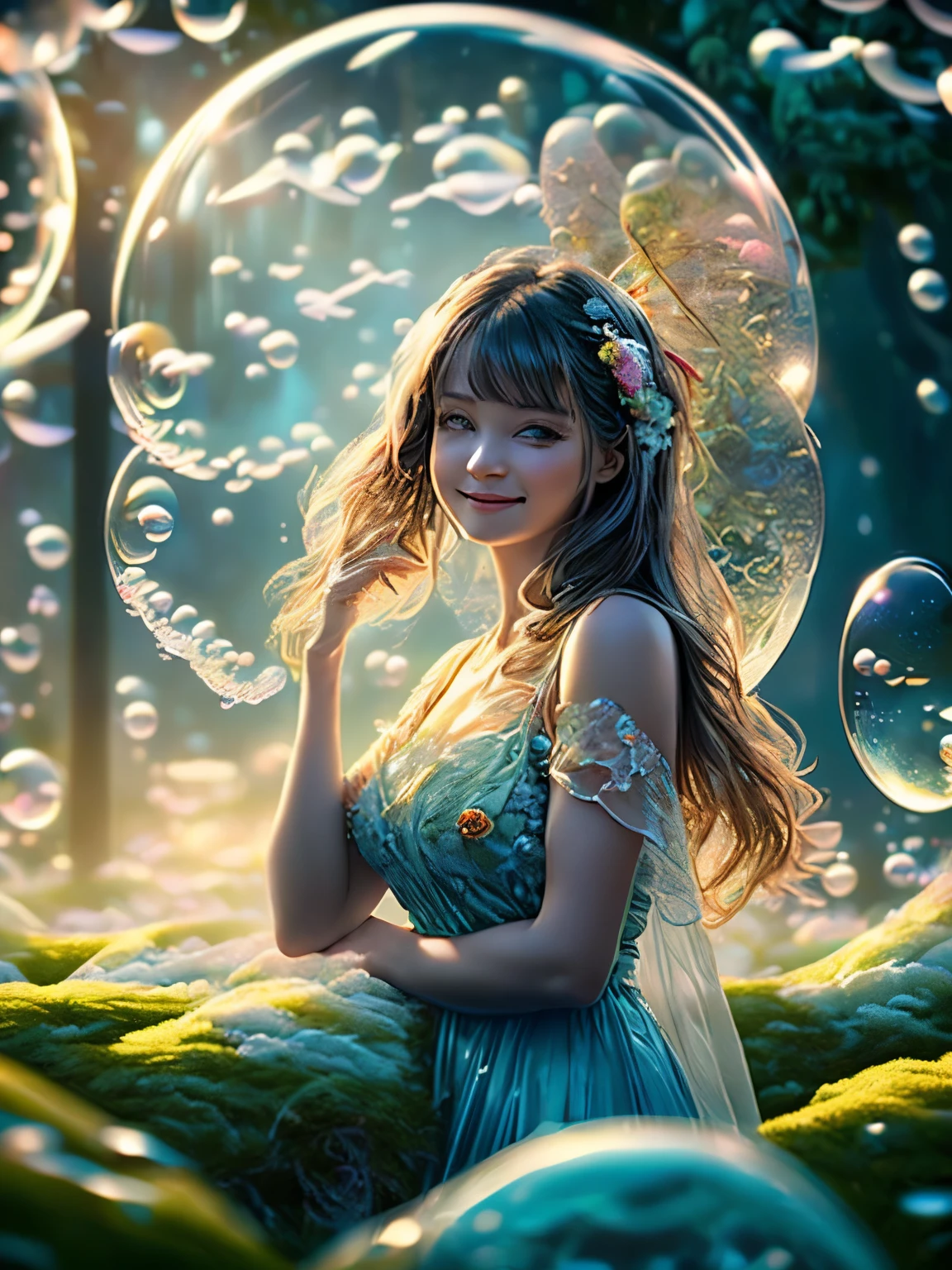 (cropped profile photo), ((1 beautiful young woman inside a soap bubble: 1.5)), sitting on a pink pillow, ((flying through a beautiful and magical fairy tale city: 1.4)), (hyper detailed : 1.3), ((clothes delicate dress with flower decorations: 1.4)), ((sunset background below a beautiful fairy tale landscape: 1.3)), ((Imaginative scene)), ((Perfect faces and bodies, meticulously detailed: 1.3)), ((far shot: 1.4)),((best quality)), ((masterpiece)), 3D, (((sunset:1.2))), (photorealistic:1.4), ((front camera)), (smiling happily, with her hands resting inside the soap bubble, surprised by the beautiful fairy city:1.4), ((Movie lighting: 1.2)), 32k.