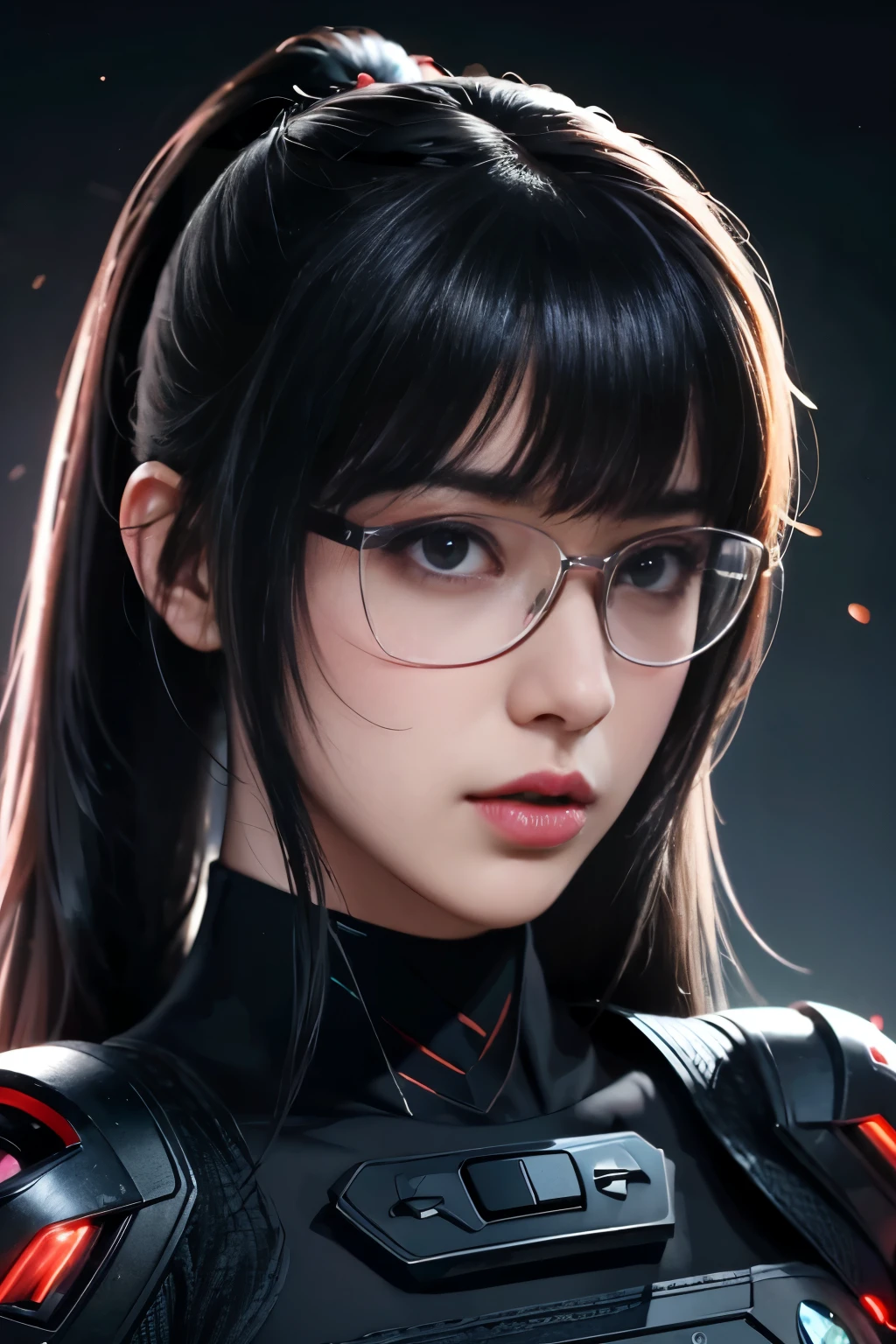 masterpiece，best quality，high resolution，8K，((portrait))，(Head close-up)，original photo，real picture，Digital Photography，(Cyberpunk style female Special Forces warrior)，(Special Forces)，20-year-old girl，Long Ponytail，By Bangs，Amazing amount of hair，Red eye hair)，Large Breasts，Chest groove，(A wide variety of decorations，Holographic glasses of the future，Tactical helmets)，Open lips，Keep your mouth smooth and attractive，Serious and arrogant，Calm and handsome，(Special Forces Clothing，Combat uniform，Combined Armor，Black)，Photo poses，cyberpunk characters，Sci-fi style，Gray background，oc render reflection texture