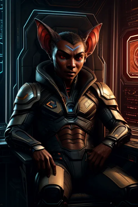 avatar, portrait, detailed face, cinematic, (humanoid alien anthropomorph bat), ((male)), wearing black high tech armor, red col...