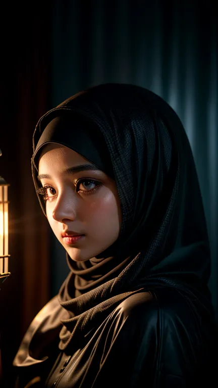 a gorgeous hijab girl in the dark scene, backlit hair, low key,  dimly lit, in the dark, deep shadow, cold light, back light lam...