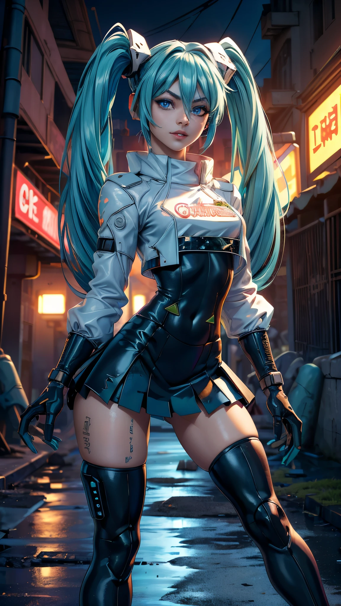 (The best quality,A high resolution,Ultra - detailed,actual), Miku Hatsune, ,(Ruined alley Tokyo cyberpunk dungeon ruins background :1.4 ), big breasts, dynamic pose , (green hair twin tails) ,(miniskirt white corta:1.4), very long hair) , Put your arms behind your back, blue eyes, bright Eyes, relaxed face, eyebrow hair, shiny hair,,(Ruined dungeon ruins background:1.4 ), shiny skin, a slight smile, Racing Miku, black body, short jacket, White jacket, long sleeve, two tone gloves, thigh high boots,,(Ruined dungeon ruins background nublado lluvia :1.4 ),(masterpiece: 1.4), (8k, realist, raw photo, The best quality: 1.4),(Miku Hatsune:1.4), (Miku-hatsune V2.1), (Face details: 1.5, (beautiful blue eyes :1.4) , beautiful face, pretty eyes, Iris lining, thin lips: 1.5, delgado, pale and sharp eyebrows, long, dark eyelashes, double eyelashes),perfect hands: 1.5, (Kinematic V2.1),( dynamic pose), (Perfect anatomy), (face detailed :1.4), (not mutations), (big stones background) 