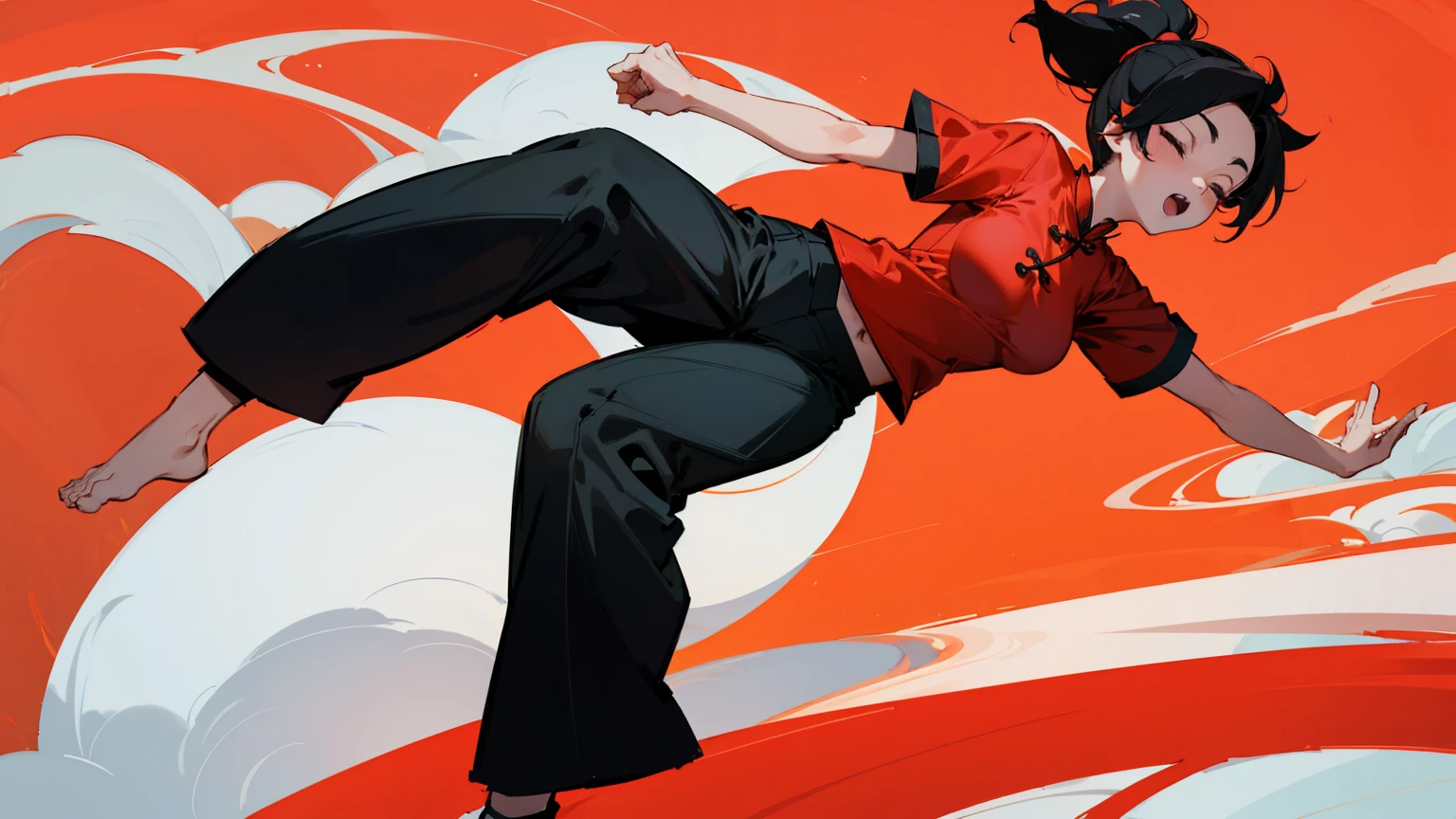 Pucca Baotou Close eyes Mature Big red shirt black trousers kung fu girl Noodle House motorcycle full-body shot