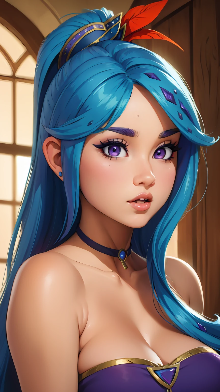 ((masterpiece)), ((best quality)), (detailed), perfect, solo, lana hyrule warriors, gorgeous girl, luscious lips, blue hair, purple eyes,