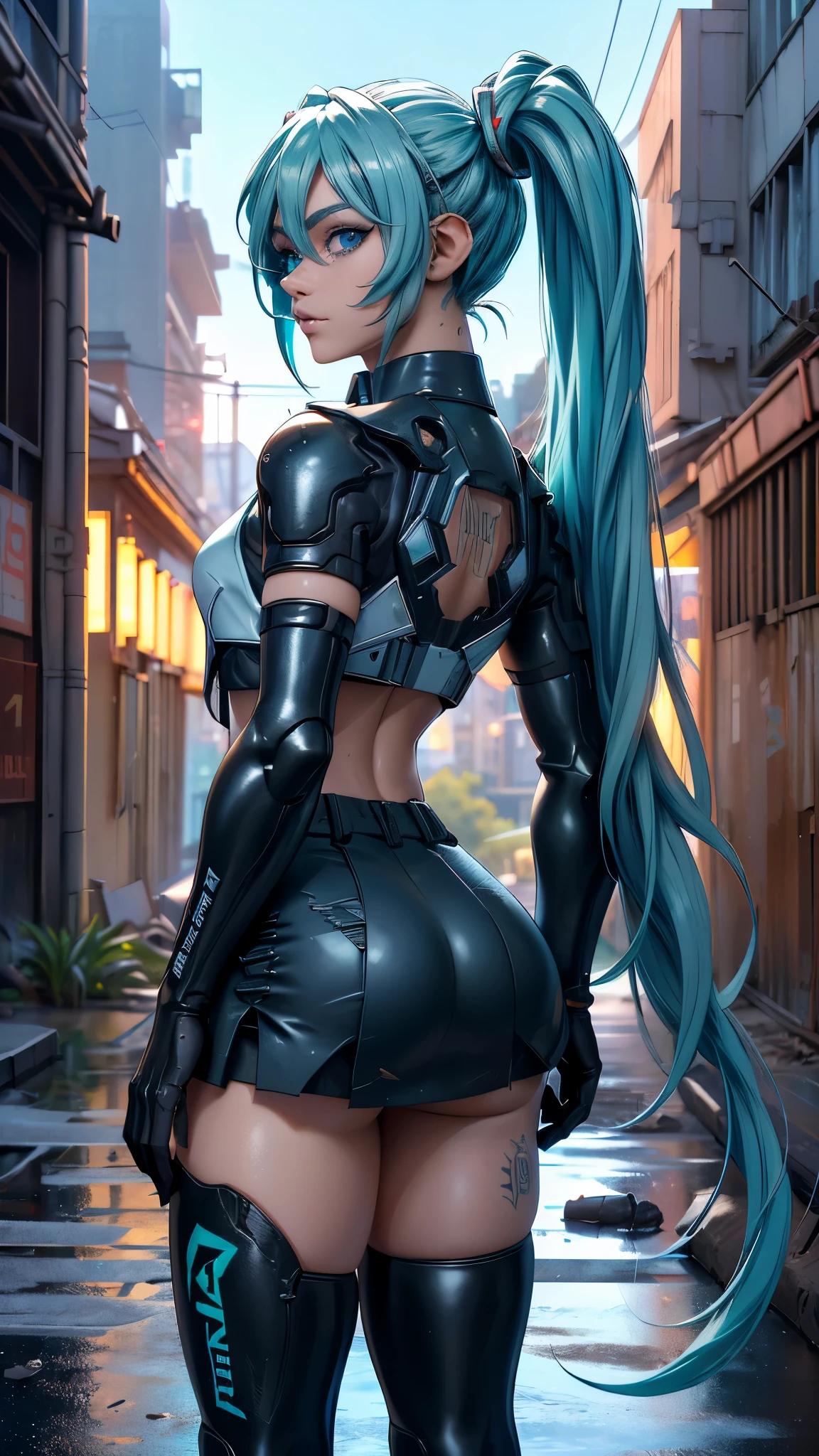 (La meilleure qualité,Une haute résolution,Ultra-détaillé,réel), Miku Hatsune, ,(Ruelle en ruine Tokyo cyberpunk donjon ruines fond :1.4 ), gros seins, pose dynamique , (queues jumelles cheveux verts) ,(minijupe blanche courte:1.4), cheveux très longs) , Mettez vos bras derrière votre dos, Yeux bleus, yeux pétillants, visage détendu, poils des sourcils, cheveux brillants,,(Fond de ruines de donjon en ruine:1.4 ), peau brillante, un léger sourire, Miku de course, corps noir, veste courte, Veste blanche, manche longue, gants bicolores, cuissardes,,(Fond de ruines de donjon en ruine nublado lluvia :1.4 ),(chef-d&#39;œuvre: 1.4), (8k, réaliste, photo brute, La meilleure qualité: 1.4),(Miku Hatsune:1.4), (Miku Hatsune V2.1), (Détails du visage: 1.5, (beaux yeux bleus :1.4) , Beau visage, beaux yeux, Doublure d&#39;iris, lèvres fines: 1.5, delgado, sourcils pâles et pointus, long, cils foncés, doubles cils),des mains parfaites: 1.5, (Cinématique V2.1),( pose dynamique), (anatomie parfaite), (visage détaillé :1.4), (pas des mutations), (fond de grosses pierres), (vue arrière, vue arrière),(montrant une culotte), (pose de cow-boy dynamique) 