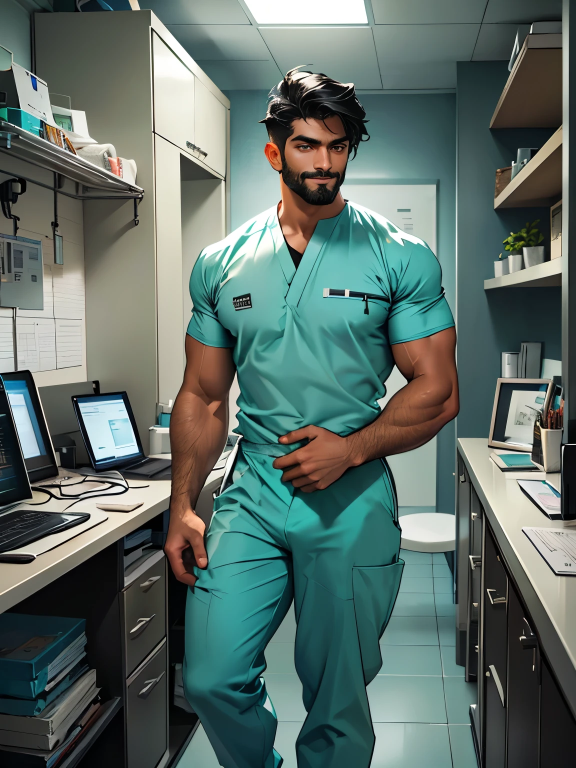 Portrait of an Indian male doctor, 30 years old, full black beard, (((beautiful symmetrical eyes))), intense sexy gaze, ((seductive smile)), ((wearing turquoise scrub pants)), ((wearing turquoise scrub shirt)), holding documents in hands, sexual tension, seductive, posing, ((very short black hair)), muscular, fitness, daylight through glass windows, realistic, accurate, best quality: 1.2, ultra-detailed, professional, studio lighting, beautiful soft lights, modern hospital background, model, handsome, big bulge, prominent chiseled jawline, anatomically correct, textured skin, super detail, full body shot, high quality, 4K, 8K, highres, realistic: 1.37, captivating, doctors consulting room, medical examination table, white clean walls, bright indoor lighting, medical equipment, organized shelves and cabinets, comfortable chairs, medical chart on the wall, professional atmosphere, medical instruments with shiny surfaces, plush plants in the corner, calm and soothing color palette, ambient lighting creating a cozy atmosphere.