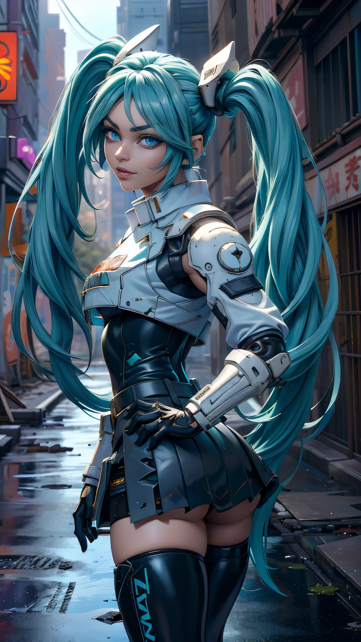 (Die beste Qualität,Eine hohe Auflösung,Ultra - detailliert,tatsächlich), Miku Hatsune, ,(Ruinierte Gasse Tokio Cyberpunk Dungeon Ruinen Hintergrund :1.4 ), große Brüste, dynamische pose , (grünes Haar, Zwillingsschwänze) ,(miniskirt white corta:1.4), sehr langes Haar) , Legen Sie Ihre Arme hinter Ihren Rücken, blaue Augen, strahlende Augen, entspanntes Gesicht, Augenbrauenhaare, glänzendes Haar,,(Zerstörter Kerkerruinenhintergrund:1.4 ), leuchtende Haut, ein leichtes Lächeln, Miku-Rennen, schwarzer Körper, kurze Jacke, weiße Jacke, lange Ärmel, zweifarbige Handschuhe, Oberschenkelhohe Stiefel,,(Zerstörter Kerkerruinenhintergrund nublado lluvia :1.4 ),(Meisterwerk: 1.4), (8k, Realist, Rohfoto, Die beste Qualität: 1.4),(Miku Hatsune:1.4), (Miku-hatsune V2.1), (Gesichtsdetails: 1.5, (schöne blaue Augen :1.4) , schönes Gesicht, schöne Augen, Iris-Futter, labios Delgados: 1.5, Delgado, blasse und scharfe Augenbrauen, Lang, dunkle Wimpern, doppelte Wimpern),perfekte Hände: 1.5, (Kinematik V2.1),( dynamische pose), (perfekte Anatomie), (Gesicht detailliert :1.4), (keine Mutationen) 