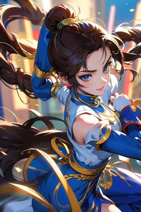 chun-li anime en pose de victoria en una zona de triumfo