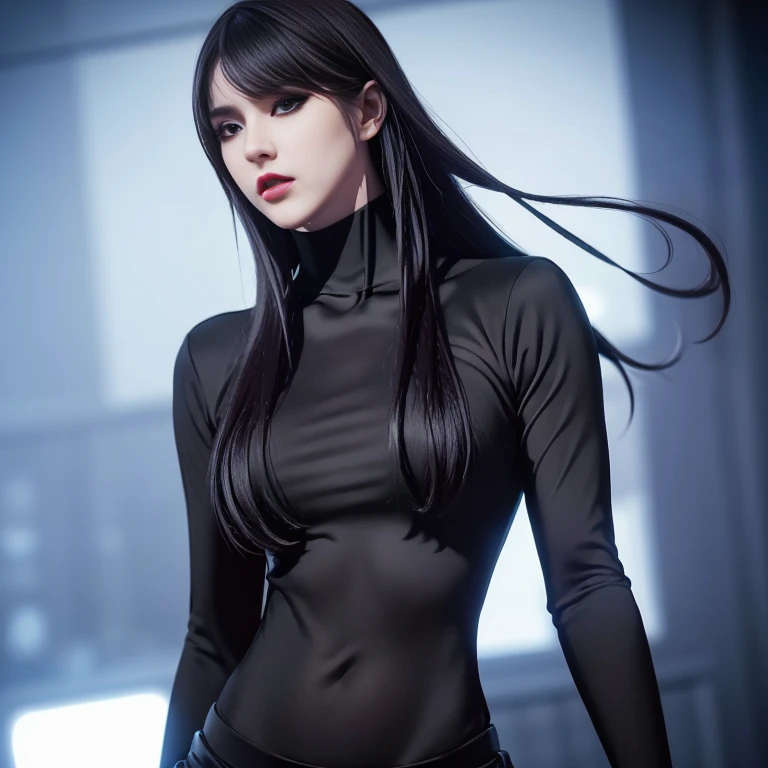 hyper realistic, 16k, best quality, masterpiece, (photorealistic:1.4), 1girl (alone), solo. Pretty young. Gothic aesthetic, goth makeup, black silky hair (realistic texture), hair fringe,  realistic eyes, pele-white skin, illuminated skin, realistic shading, (modern) black gothic dress (realistic textures), big hips, tights. waist up, dramatic lighting, from below, front, front view, multiple different poses at different angles, glowing skin, front, back lighting, athletic figure, muscular female, curvy, wide hips, colorful, looking at viewer, Hyperrealistic, gradient background, dark background, outline, cinematic lighting, (chromatic aberration, intricate details)