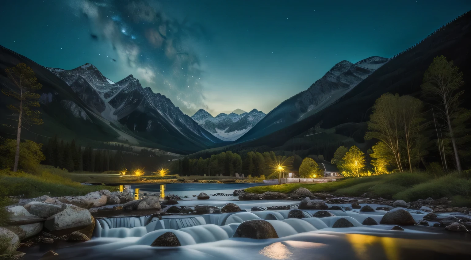 (masterpiece), (Ultra-realistic), (detailed: 1.4), mountain view, landscape, Night Photo, Professional photos, Starry Sky, Big Moon, full moon, Green plants, wood, river, Flowers