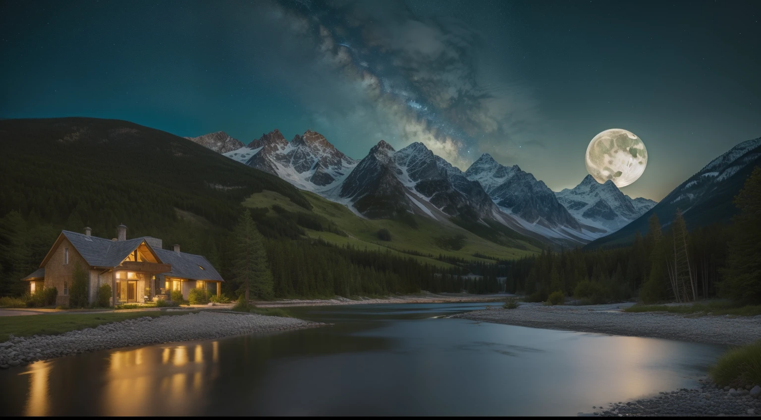 (masterpiece), (Ultra-realistic), (detailed: 1.4), mountain view, landscape, Night Photo, Professional photos, Starry Sky, Big Moon, full moon, Green plants, wood, river, Flowers