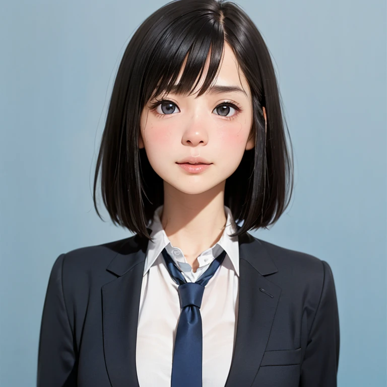 (kawaii 24 year-old Japanese girl, Nogizaka idol, Korean idol), (glossy hair, very short hair, bangs:1.3), (beautiful black eyes, rounded face, single eyelid, no makeup, embarrassed, noseblush, half opened eyes, half opened mouth:1.3), (wearing suit jacket, collared shirt, necktie:1.3), (extra small breasts:0.9), (looking at away:1.3), BREAK, (simple blue background:1.3), (view from forward, bust shot:1.3), BREAK, (masterpiece, best quality, photo realistic, official art:1.4), (UHD, 8K quality wallpaper, high resolution, raw photo, golden ratio:1.3), (shiny skin), professional lighting, physically based rendering, award winning, (highly detailed skin, extremely detailed face and eyes), Carl Zeiss 85 mm F/1.4, depth of field, 1girl, solo,