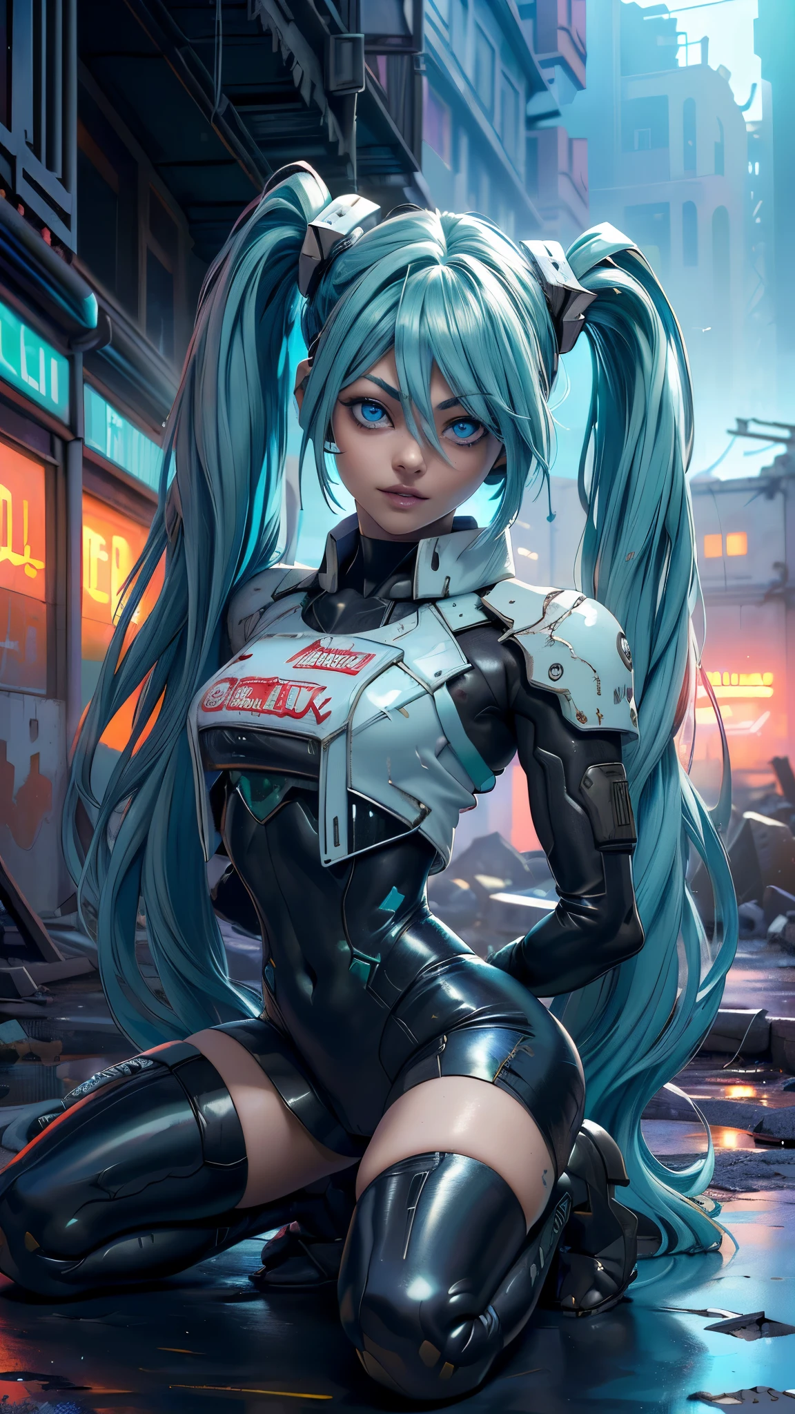 (La mejor calidad,A high resolution,Ultra - detallado,actual), Miku Hatsune, ,(Ruined alley Tokyo cyberpunk dungeon ruins background :1.4 ), pechos grandes, dynamic pose , (pelo verde colas gemelas) ,(minifalda corta blanca:1.4), cabello muy largo) , Put your arms behind your back, (ojos hermosos azules:1.4) , cara relajada, pelo de las cejas, cabello brillante,,(Fondo de ruinas de mazmorra en ruinas:1.4 ), piel brillante, una ligera sonrisa, Racing Miku, cuerpo negro, chaqueta corta, chaqueta blanca, manga larga, guantes de dos tonos, botas altas de muslo,,(Fondo de ruinas de mazmorra en ruinas nublado lluvia :1.4 ),(Obra maestra: 1.4), (8k, realista, foto cruda, La mejor calidad: 1.4),(Miku Hatsune:1.4), (Miku Hatsune V2.1), (Detalles de la cara: 1.5, (ojos azules hermosos :1.4) , (hermoso rostro, labios delgados: 1.5) , delgado, pale and sharp eyebrows, Largo, dark eyelashes, double eyelashes),manos perfectas: 1.5, (Kinematics V2.1),( dynamic pose), (perfect anatomy), (cara detallada :1.4), (no mutaciones) 