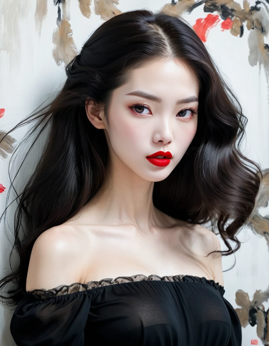 (parted_perm long hair,Bangs on the forehead:1.1 ),( Staring straight ahead:1.5 ), Woman wearing off shoulder black blouse with red lips, White skin, Guweizu, Guweizu masterpiece, artwork in the style of Guweizu, soft portrait 8k, pale ,  by Russell Lu Dongjun, pale 피부, Elegant woman with clear skin,